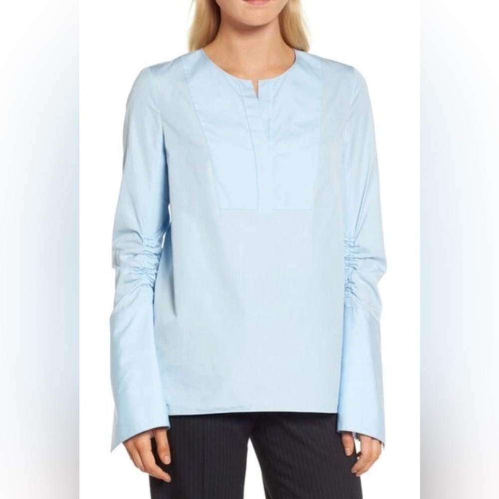 Lewit Women’s Blue Ruched Sleeve Poplin Blouse Size XS